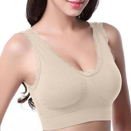 Bigersell Sports Bras for Women Lace Trim V-Neck Bralettes Women s Comfort Wireless Workout Padded Yoga Bra Cropped Tank Tops Camisole Pull On Pullover Bras Padded Low Impact Sleep Bras Beige L