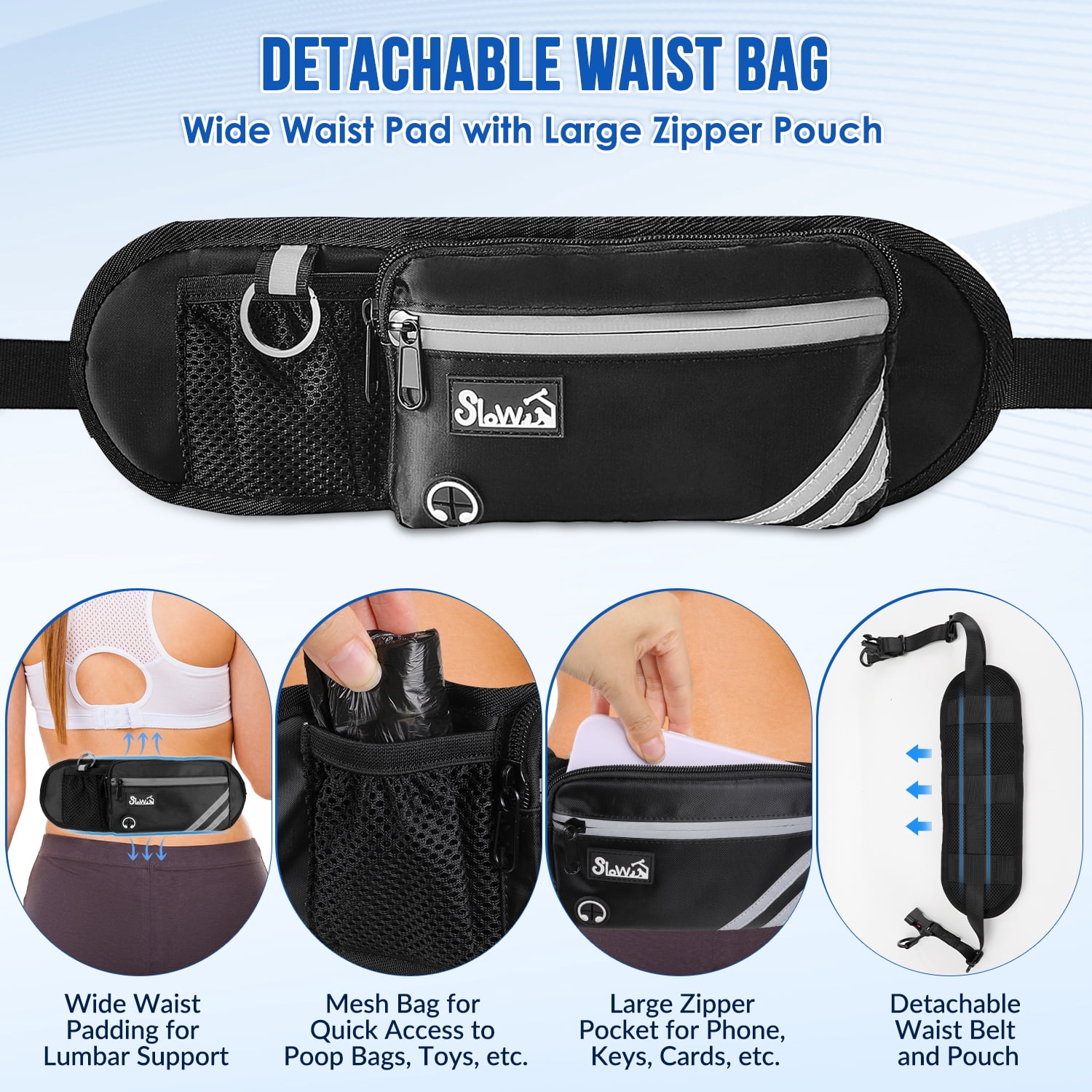 AUTOWT Hands Free Dog Leash with Dual Bungees for 2 Dogs, Adjustable Waist Belt Fanny Pack