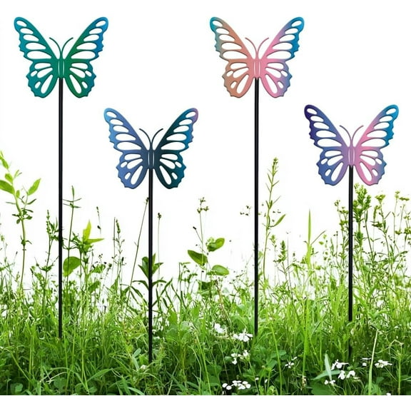Pinted Iron Insects Garden Stakes Patio Lawn Yard Pathway Outdoor Garden Decor Butterfly 600mm Pattern: 130x150x0.4mm 4pcs/set