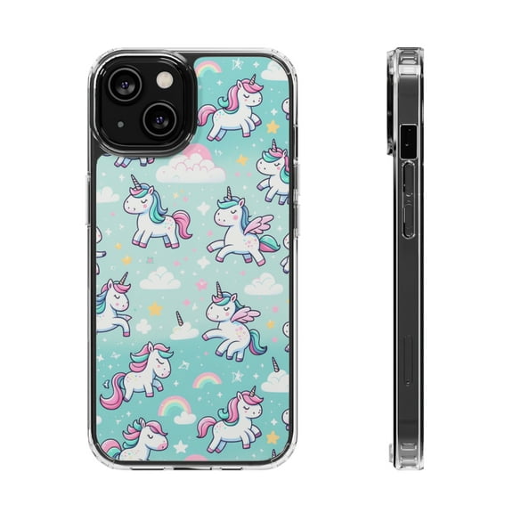 DistinctInk Hybrid (Acrylic / TPU) Clear Slim Fit Case for Apple iPhone 15 (6.1" Screen) - Enchanting Whimsy: Dancing Unicorns and Stardust