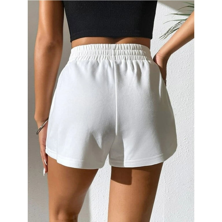Bikers Shorts Womens Trackshorts Sweat Workout Shorts for Women Joggers Gym  Short Elastic High Waisted Solid Color (Medium, White)