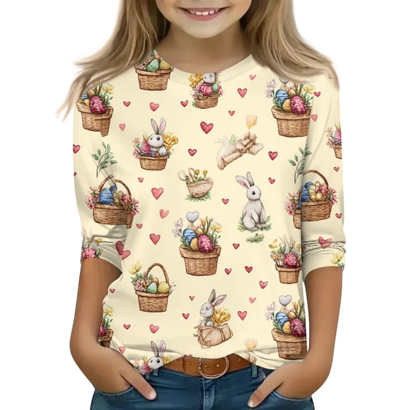 LTTVQM Girls Easter Shirts 3/4 Sleeve Funny Eggs Bunny Graphic Tee Comfy Crewneck Blouse Trendy Outfits Beige 12-13 Years