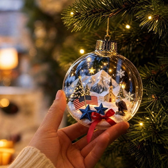 Patriotic Themed Clear Acrylic Lighted Christmas Ball Ornament 3.15 Inch Lighted Hanging Decor for Xmas Tree Holiday Display