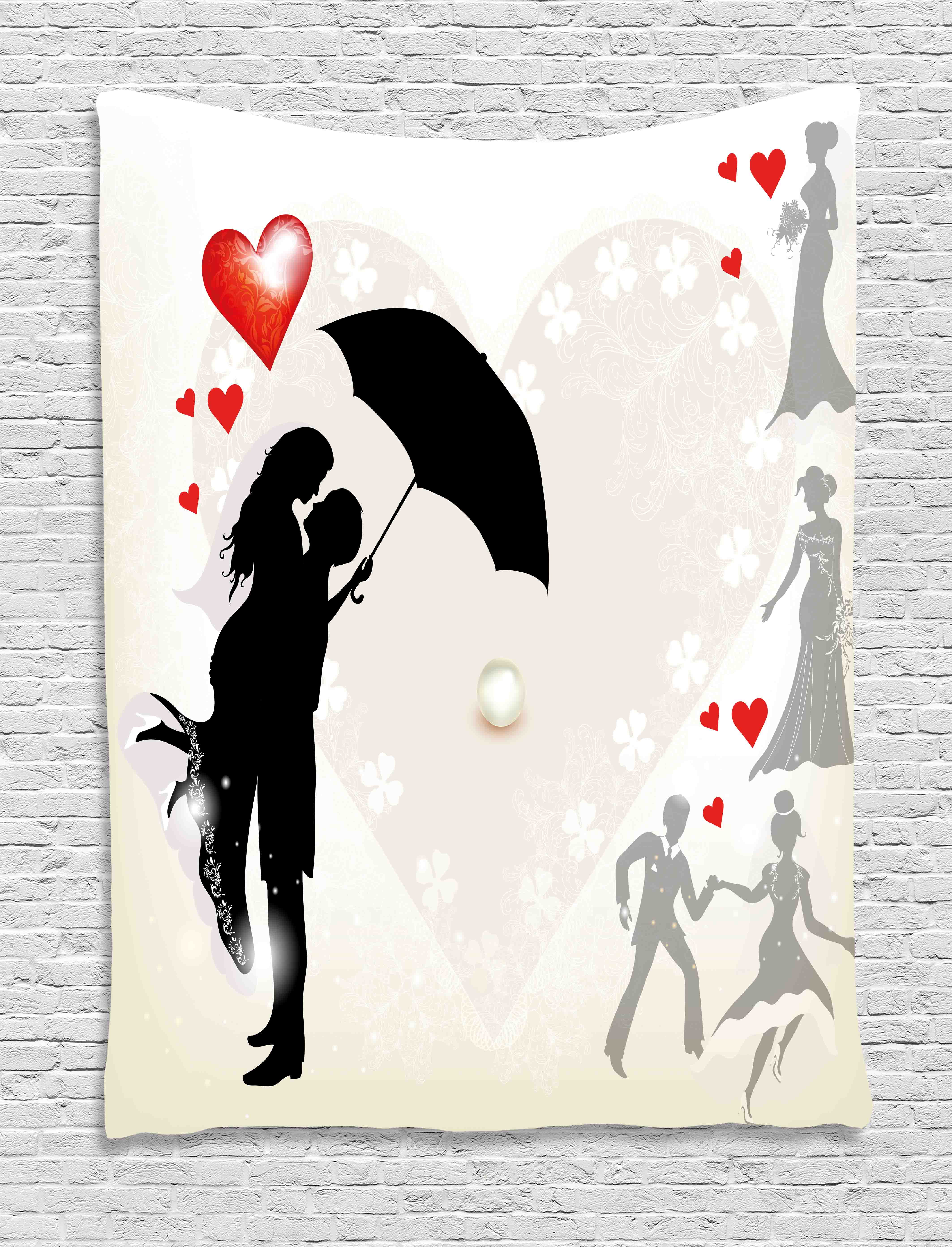 Wedding Tapestry Couple In Love Umbrella Red Hearts Daisies Romance