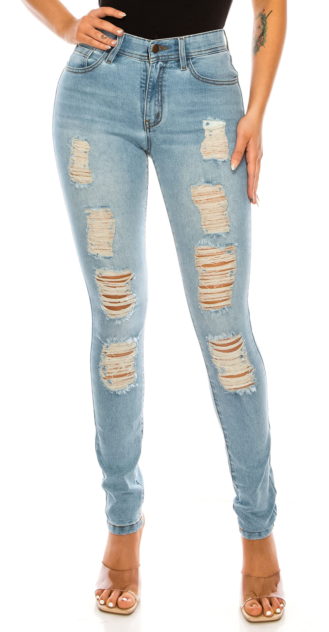 Double Denim Women's Skinny Jeans Casual Distressed Ripped Elastic ...