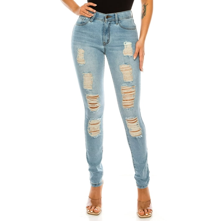 Double Denim Women's Skinny Jeans Casual Distressed Ripped Elastic ...