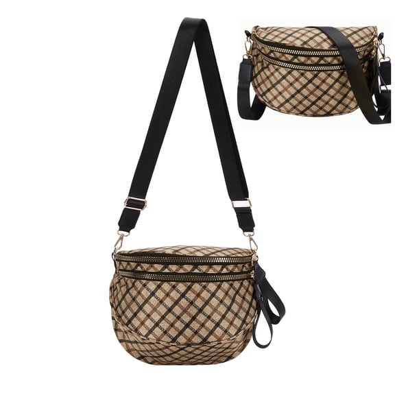 WANDF Bum Bags for Women,Fanny Pack Crossbody Bags,Trendy Crescent Shoulder Bags for Ladies,Sling Bag Half Moon Purse Belt Bag with Adjustable Strap(Brown Grid)