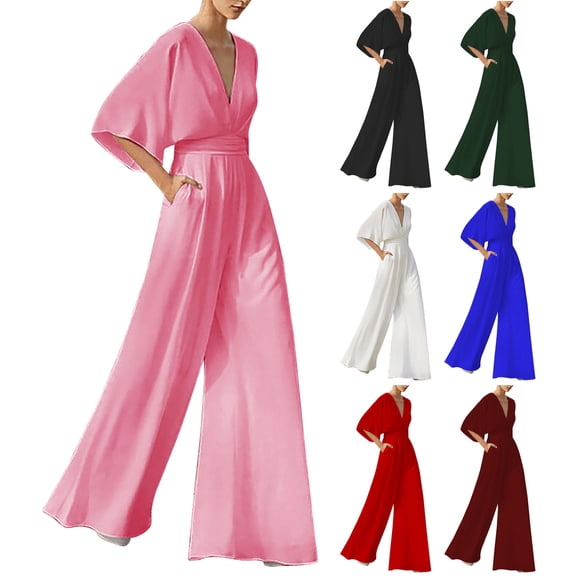 safuny Women's Wide Leg Slim Elegant Summer Jumpsuits Half Sleeve V Neck Solid Color Teen Relaxed Girls Trousers Casual Comfy Daily Fashion Black S