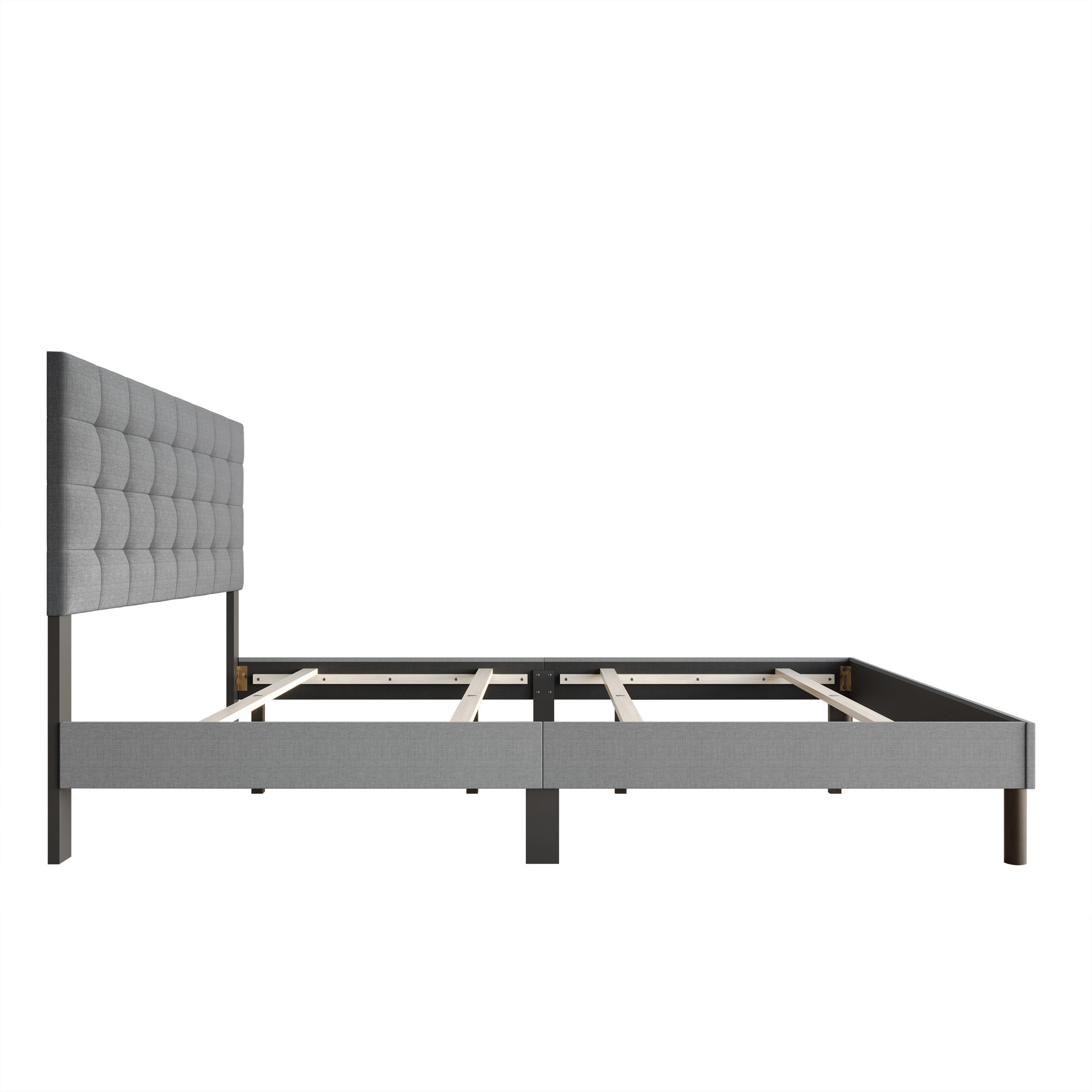 Home Design Haines King Linen Upholstered Panel Bed Frame with Rectangular Tufted Headboard & Sturdy Wooden Legs, Gray, Easy Assembly