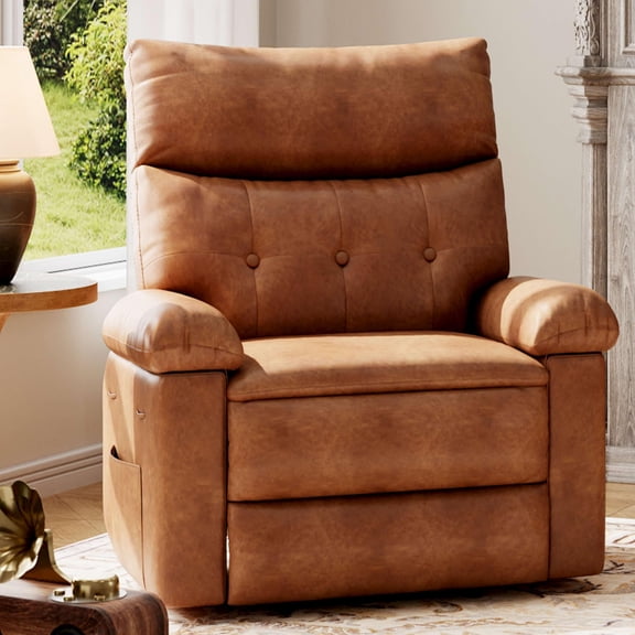 Memoryfield Manual Recliner Chair with Heat & Massage, PU Leather Reclining Sofa with Side Pocket & Soft Pillow for Living Room, Brown