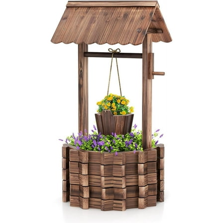 YEXJ Wooden Wishing Well Planter with Hanging Bucket, Flower Plants Planter, Outdoor Wishing Wells for Yard,Wishing Well Planters for Outside, Home Decor