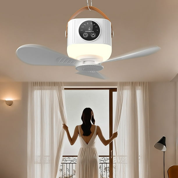 Ventilador de techo LED con luz nocturna, lámpara portátil para acampada, ventilador colgante con velocidades ajustables, USB recargable, giro de 360°, bajo ruido para dormitorio, 23,5 cm