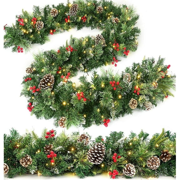 Hongan 9Ft  Christmas Garland with 50 Warm LED Lights Timer 8 Modes Battery Powered Snowy Big Pine Cone Red Berry for Mantle Fireplace Stairs Railing Indoor Outdoor Decor