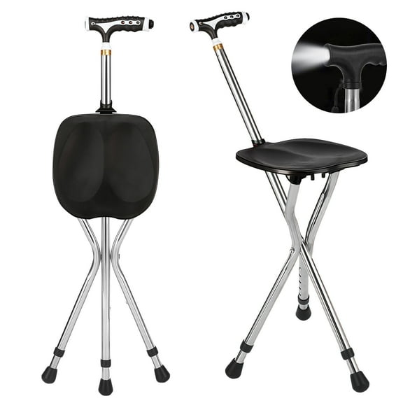 Folding Cane with Seat, Adjustable Walking Cane with LED Light and Cushion, Supports up to 330 lbs