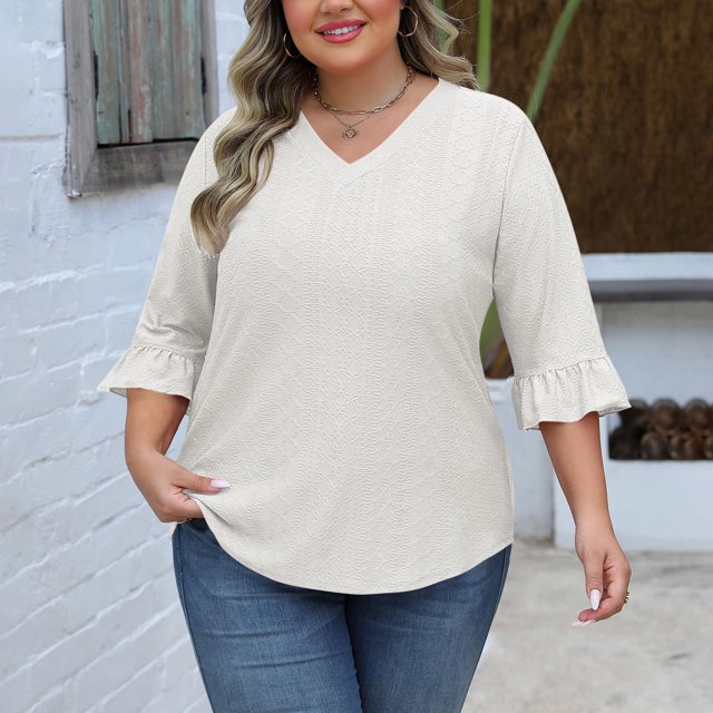 Weiqiqre T-Shirts pour Femmes Hauts Grande Taille Blouses à Manches 3/4 Chandails à Col Rond Tuniques Décontractées Amples