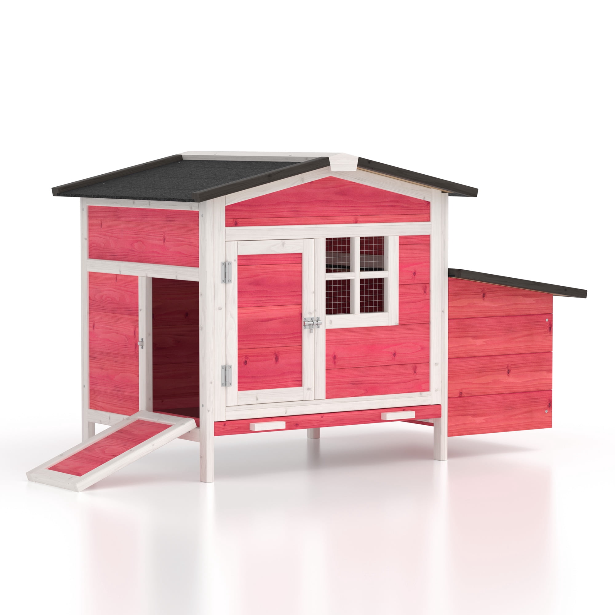 Outdoor Chicken Coop Rabbit Hutch Wooden Hen House w/ Nesting Box & Tray Poultry Cage for Outdoor Indoor, Red