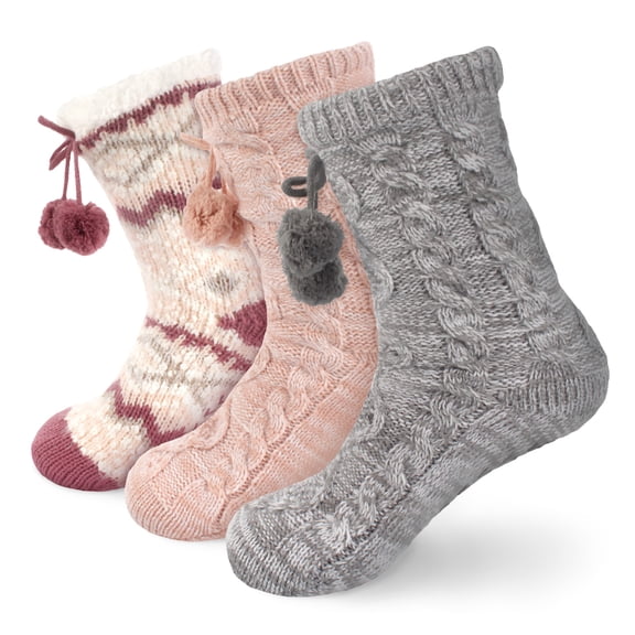 BambooMN Thermal Fuzzy Fleece-Lined Non-Slip Cabin Crew Socks - Assortment B - 3 Pairs