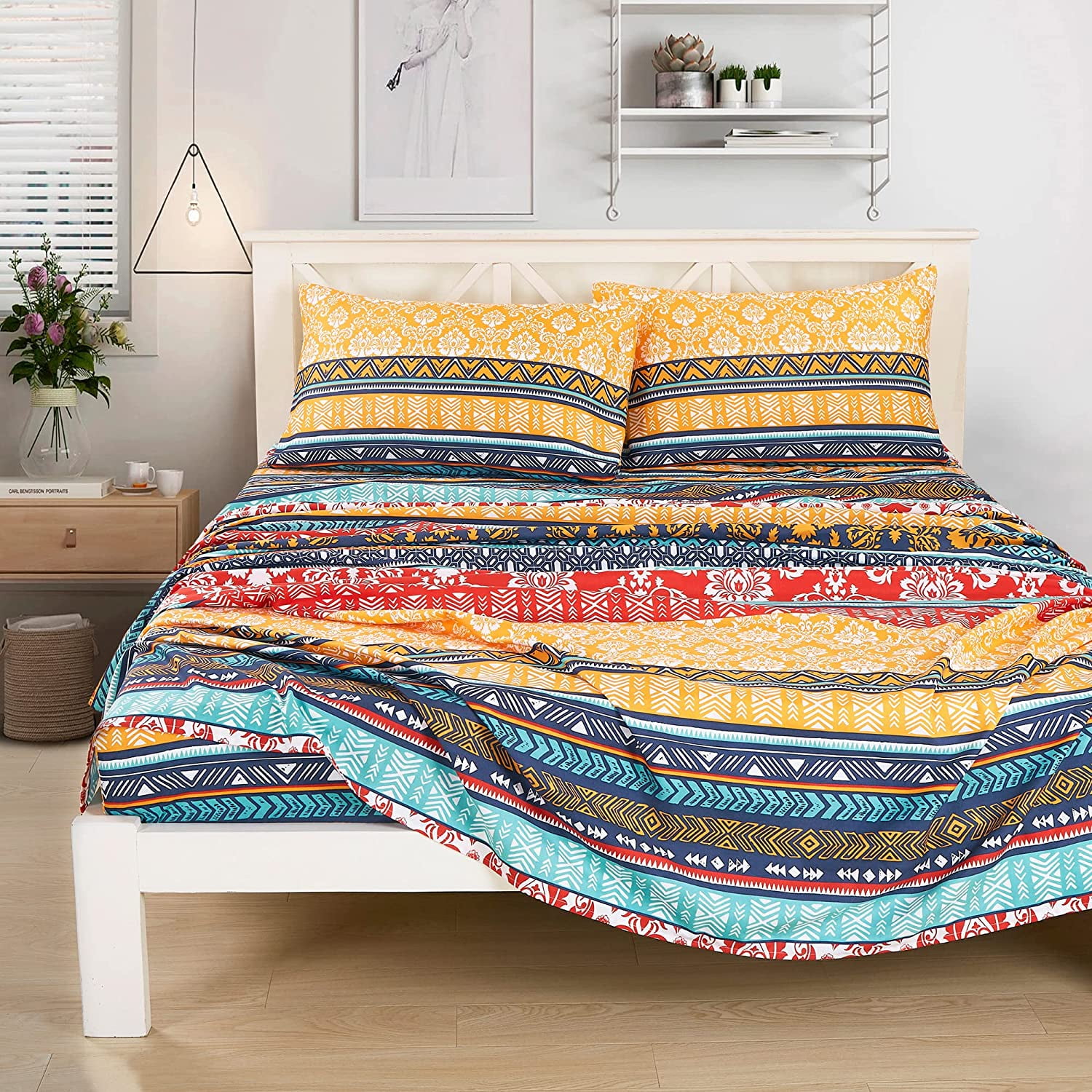Chezmoi Collection Amara 4-Piece Boho Stripe Bed Sheet Set, Floral ...