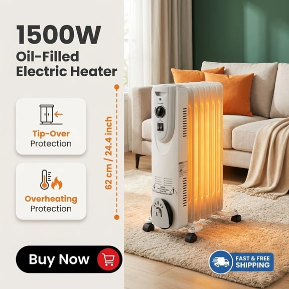 Oil Filled Radiator Heater for Indoor Use, 1500W Electric Space Heater with Remote, Thermostat, LED Display, Quiet Operation, Safety Protection