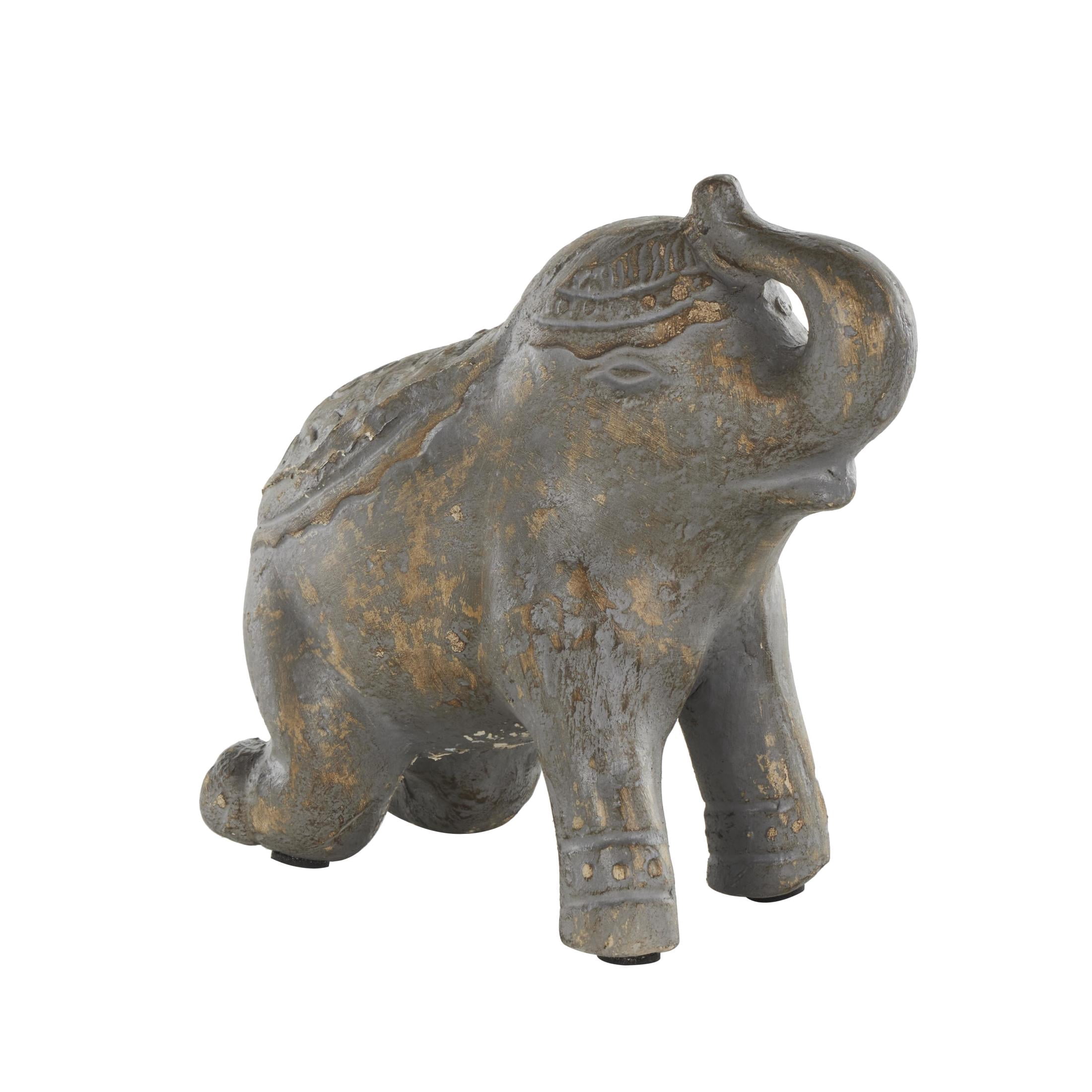 10" x 10" Dark Gray Paper Mache Handmade Distressed Carved Elephant Sculpture with Wood Inspired Accents, by DecMode