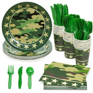 Fournitures de fête de camouflage pour les fêtes militaires et de camouflage  Assiettes, serviettes, tasses, fourchettes, cuillères et ensemble de nappes  pour 16 personnes -  France