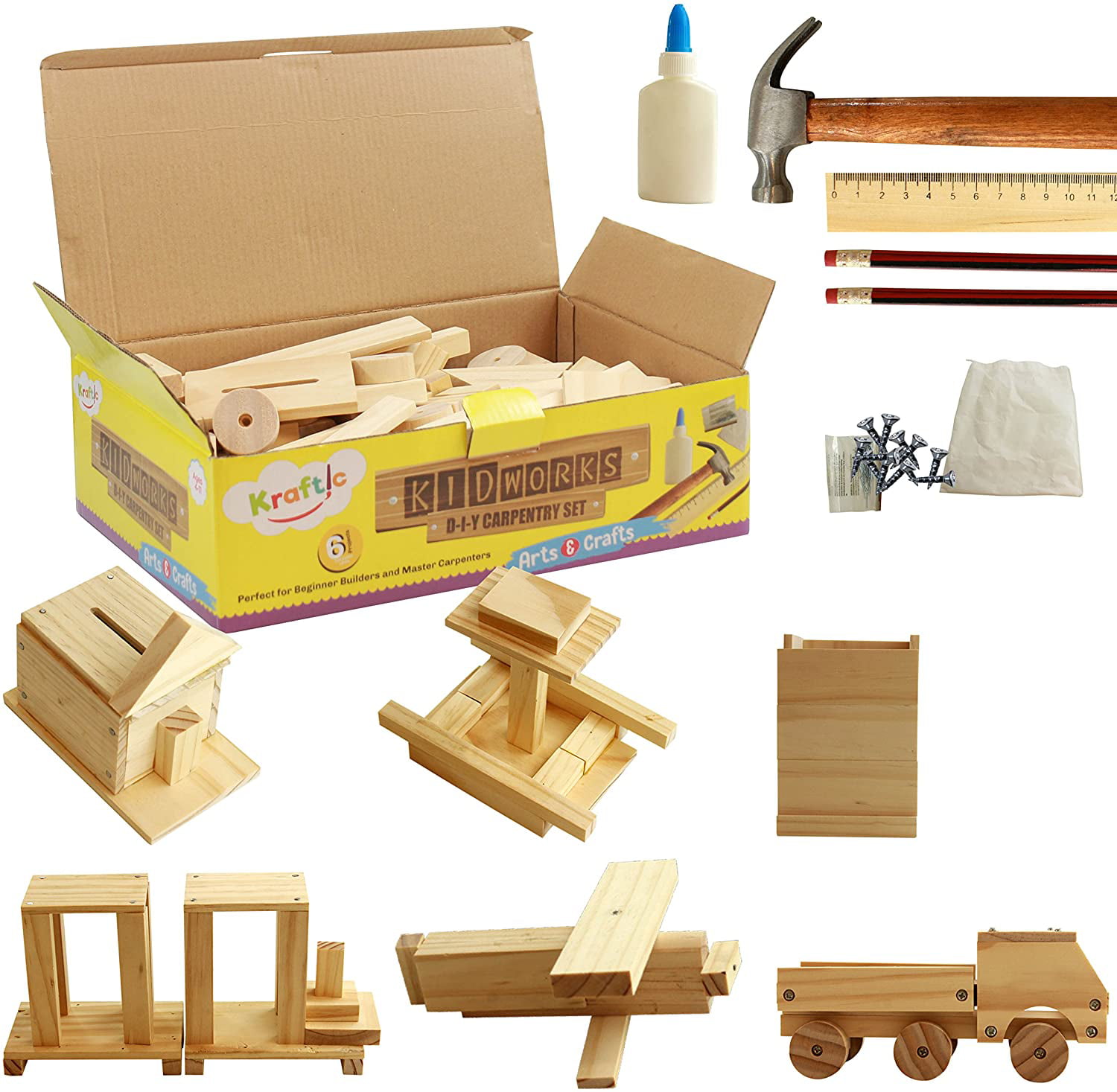 Kraftic Woodworking Building Kit for Kids Hummer with 3 DIY Carpentry Wood Toy Projects Excavator and Bird-Feeder 