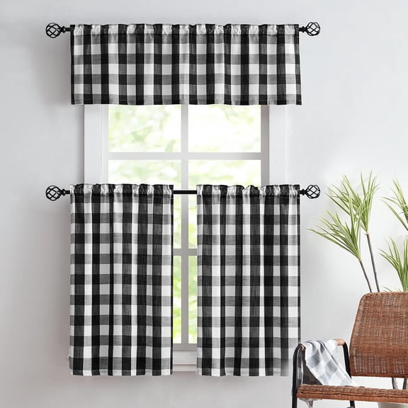 Black-White Buffalo Plaid Kitchen Curtains 24inch Small Tier Curtains Semi Sheer Café Curtain Set for Basement Laundry Windows Over Sink 27" Width x 2 Panels