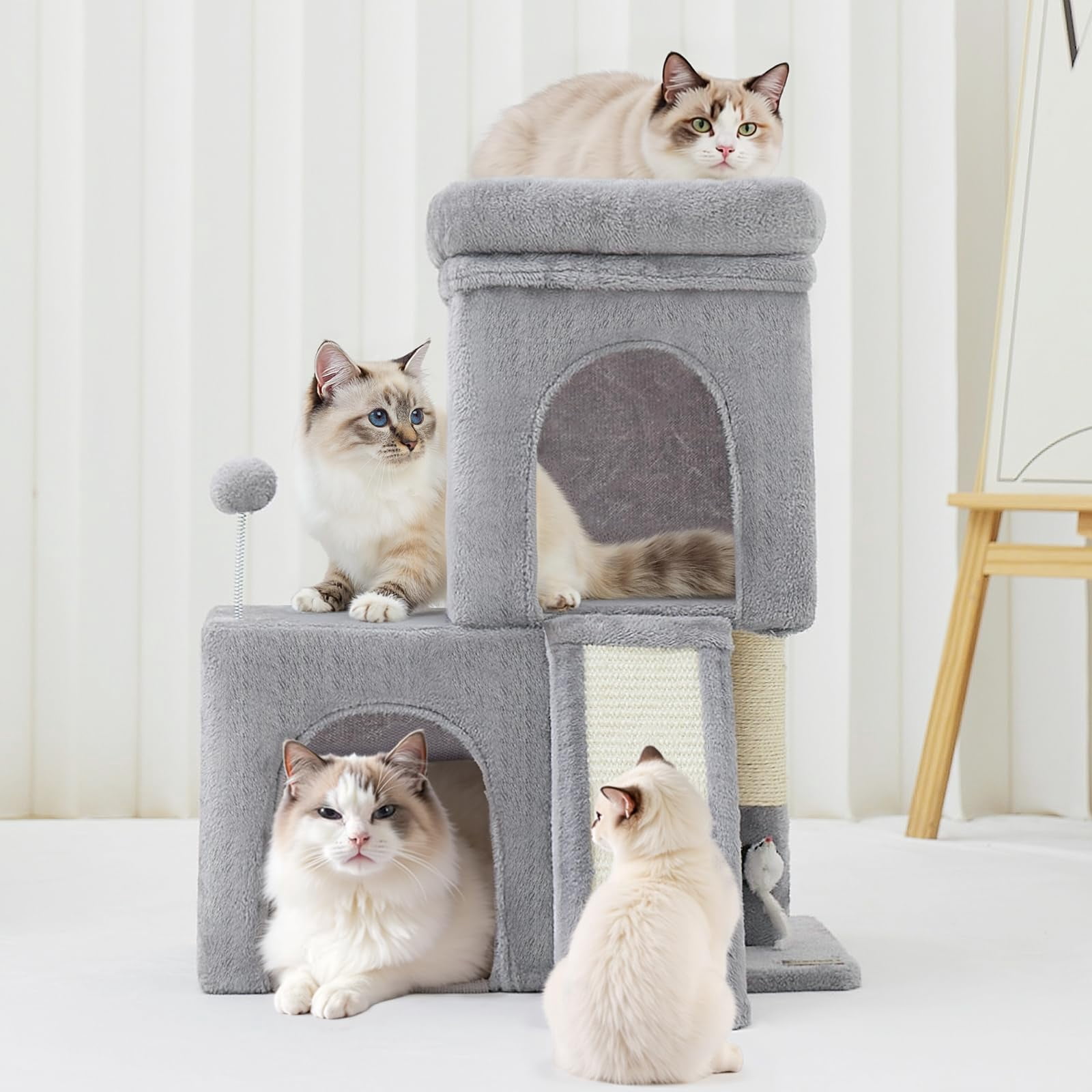 24inch Tall Cat Tree With 2 Condo And Mouse Cozy Small Tower Board For Kitties Cats.(light Grey) (22 * 13 28)