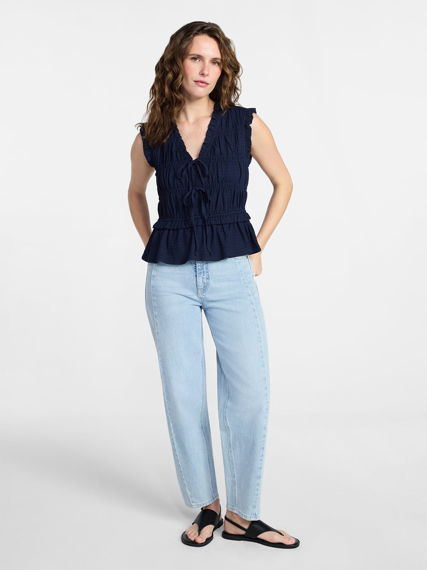Time and Tru Women's Textured Tie Front Top, Sizes XS-XXXL