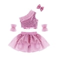 thumbnail image 4 of Aislor Girls Dance Outfits Sequin Oblique Shoulder Tops and Veil Skirt with Bowknot Hair Clip and Cuffs Perform Set, 4 of 7
