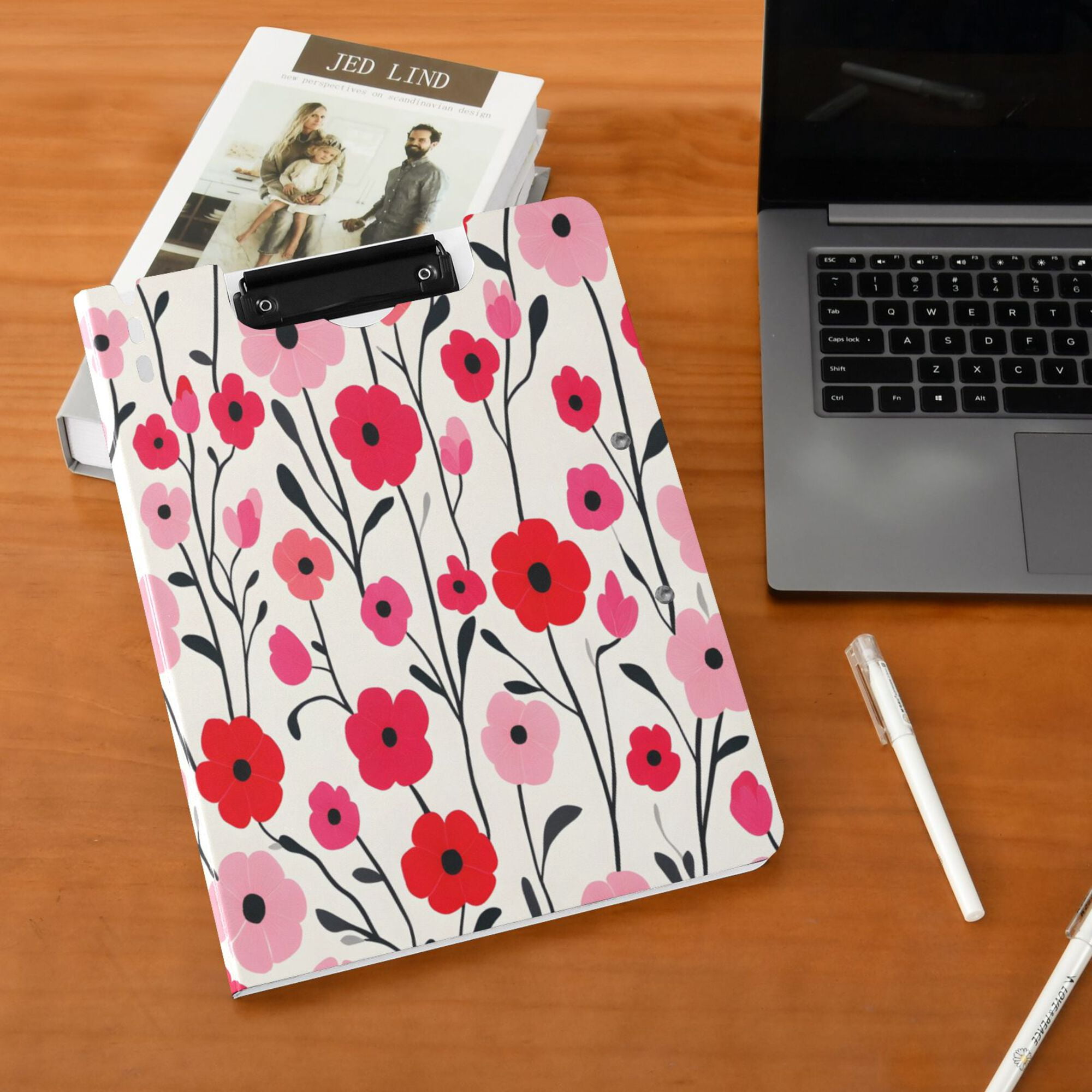 FORMRS A4 Clipboard Folder with Pen Holder Horizontal Foldable School Office Binder, Pink Floral