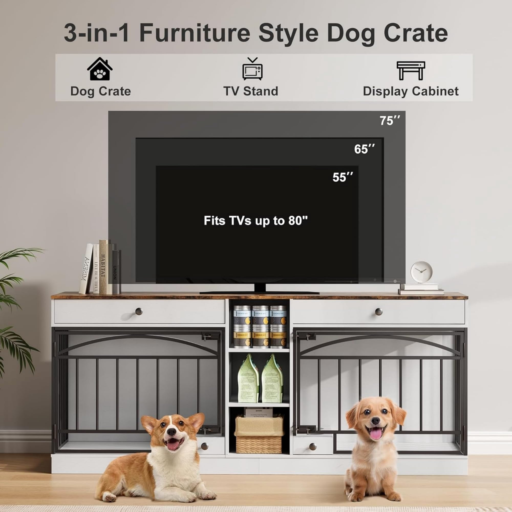 Accreate Dog Crate Furniture for 2 Dog, 78.7'' Large Dog Kennel Indoor with 2 Storage Drawers, 3 Shelves and Feeding Bowls, Double Dog Crate TV Stand for Small and Medium Dogs