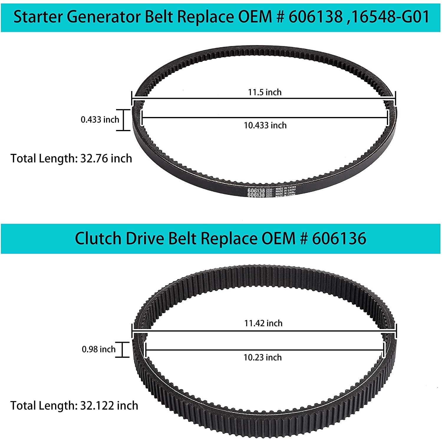 10L0L Golf Cart Clutch Drive Belt with Starter Belt Set Fit EZGO RXV TXT  2008-2011 with 13 HP Kawasaki Engines,Replaces OEM# 606136 606138