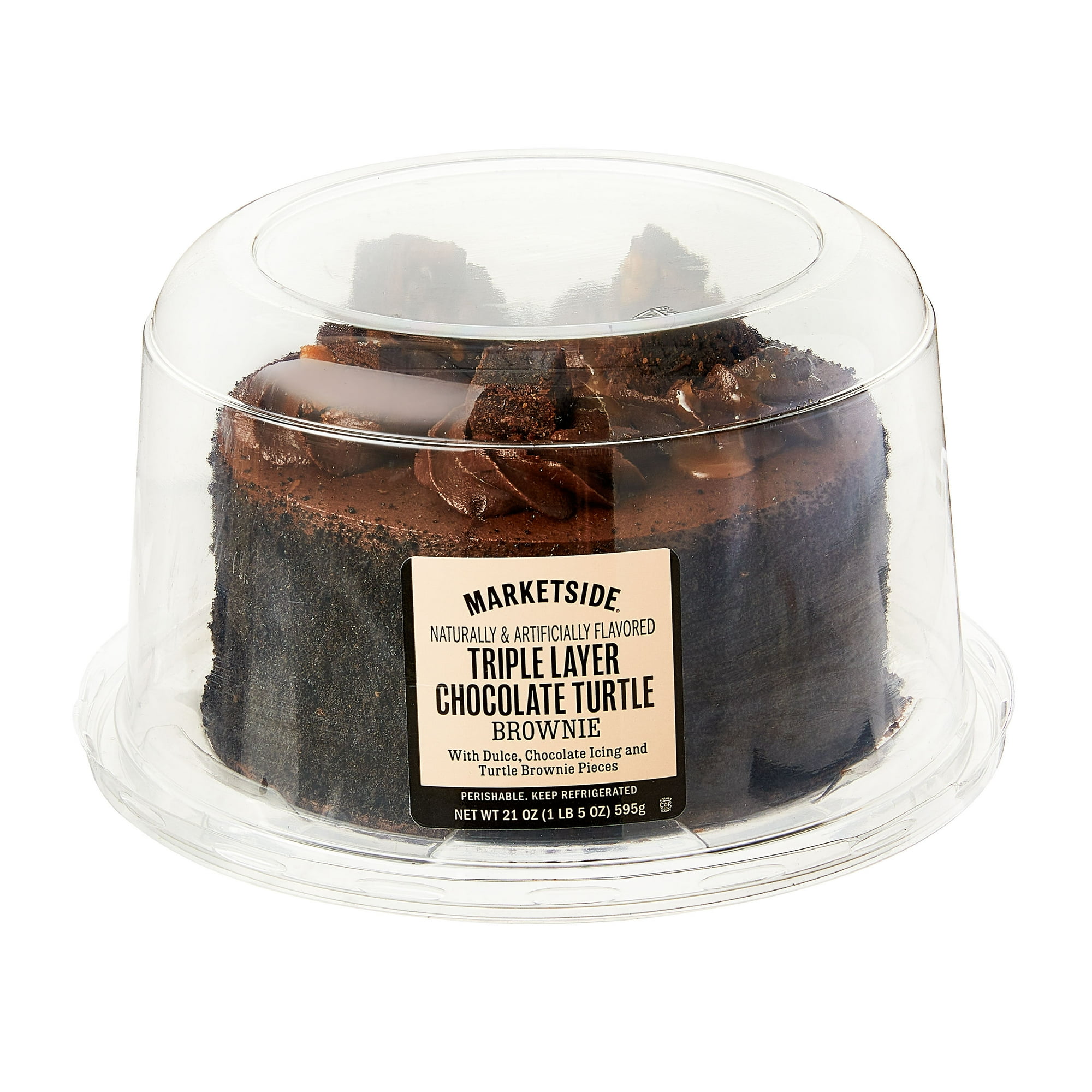 Marketside Triple Layer Chocolate Turtle Brownie Cake, 21 oz, 4.5 Inch Round (Refrigerated)