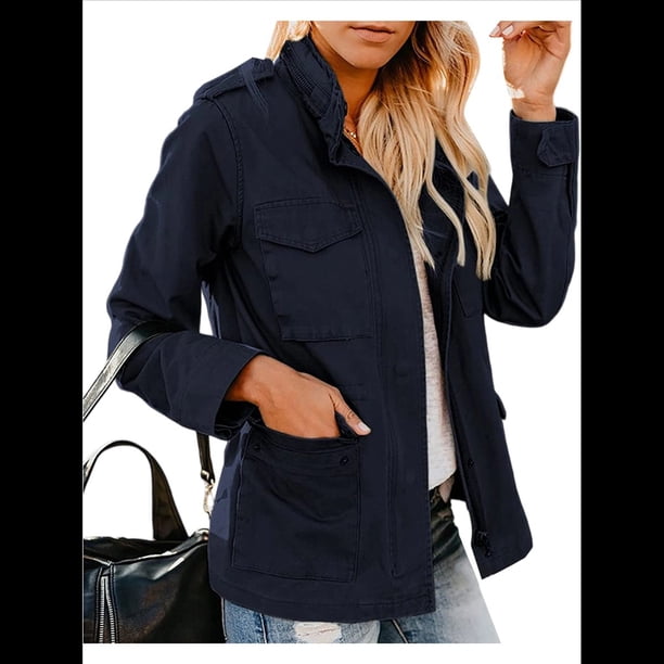 Chaqueta Utilitaria de Otoño para Mujer: Cuello Alto, Color Liso, Corte Holgado, de Cremallera y Múltiples Bolsillos Azul Oscuro M