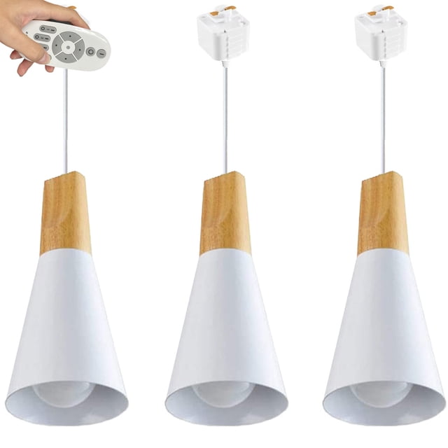 FSLiving Remote Control Pendant Light 3 Lights J-Type Track Pendant Lamps Scandinavian Style Pendant Lights for Kitchen Hanging Lamp Modern Wood and Aluminium Light Customizable - White