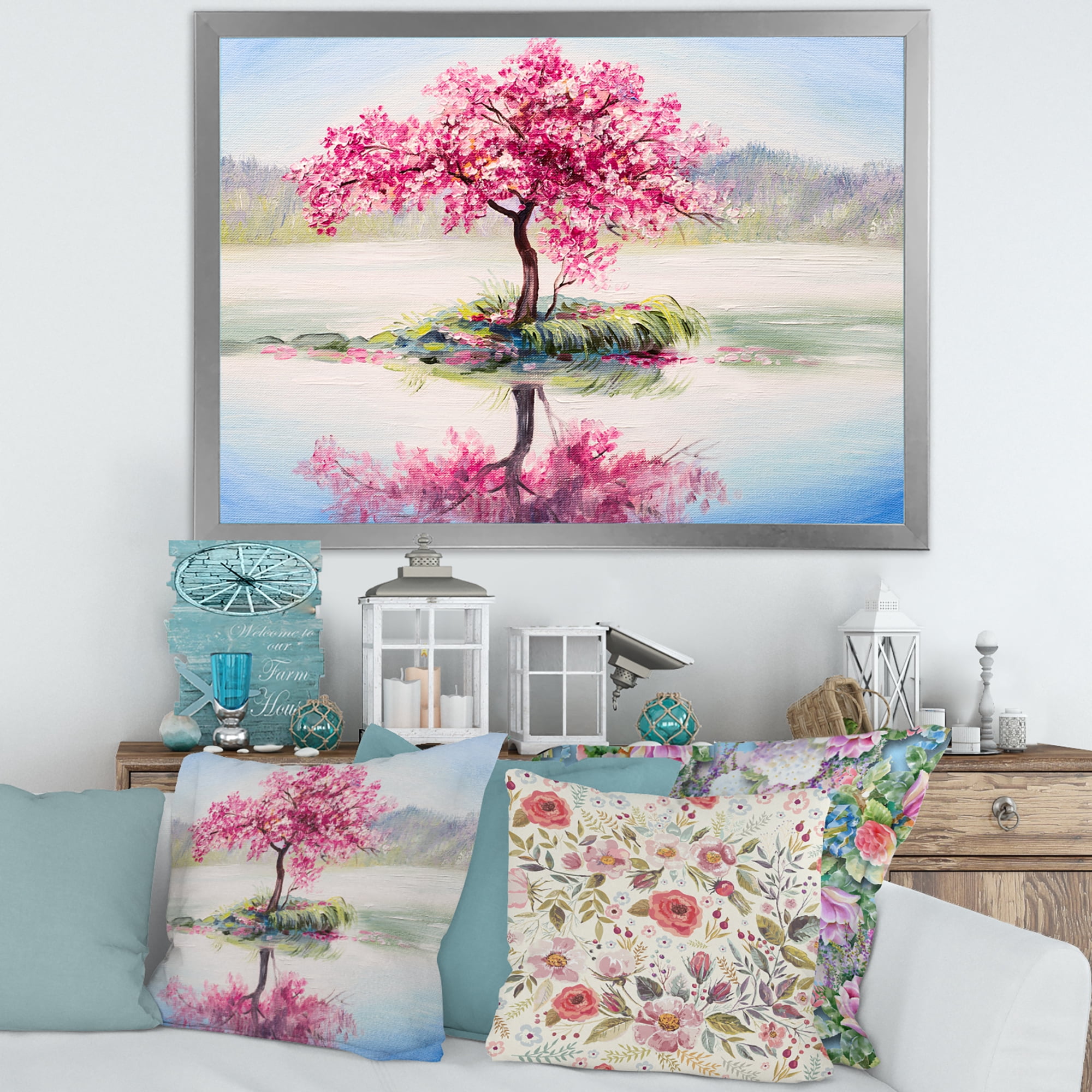 Designart 'Oriental Cherry Pink Tree Sakura On The Lake' Lake House Framed Art Print