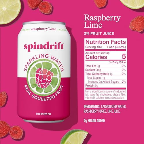 Spindrift Sparkling Water, Raspberry Lime Flavored, Made with Real Squeezed Fruit, Only 9 Calories per Seltzer Water Can, 12 Fl Oz Cans, Pack of 24
