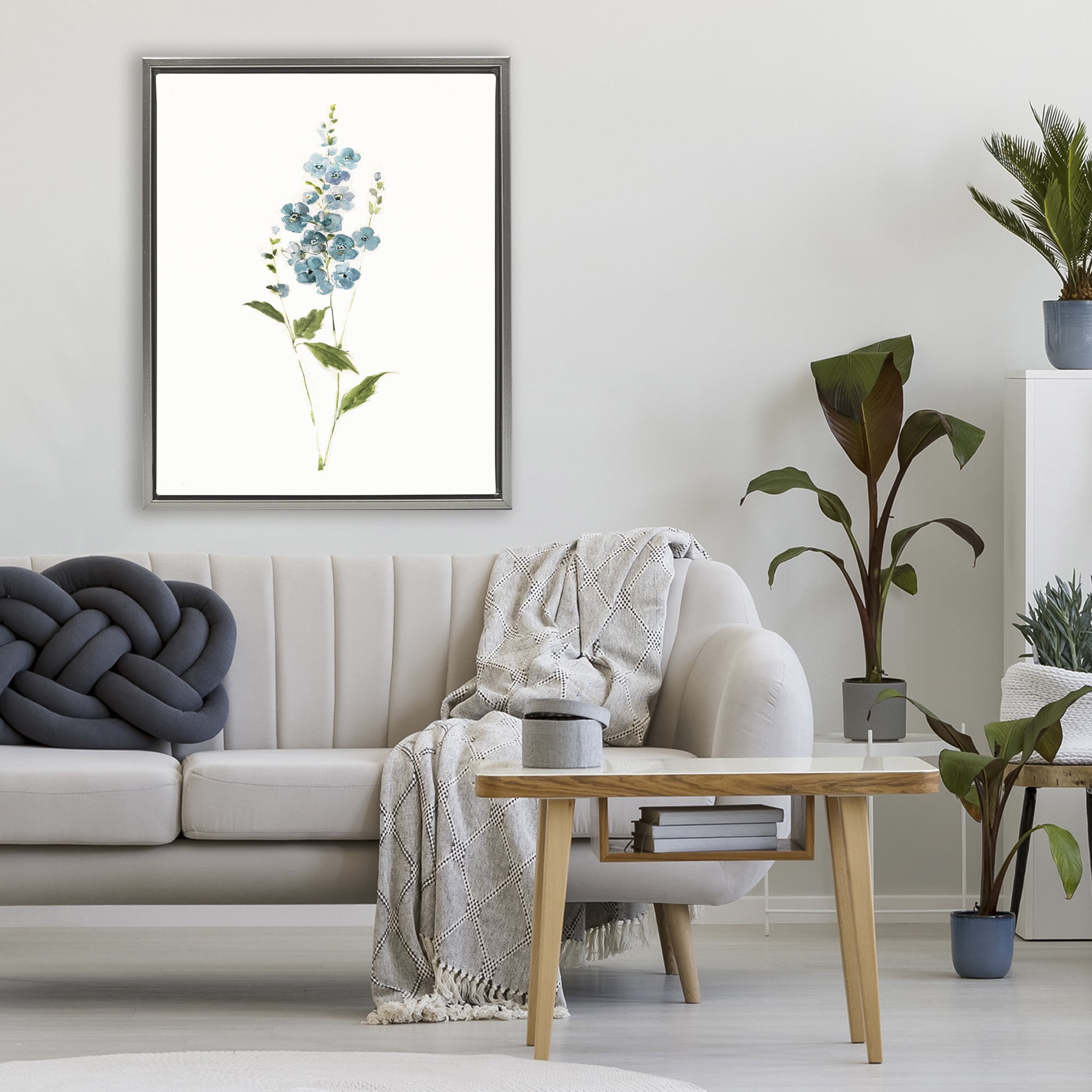 Stupell Industries Delicate Blue Sprigs Gray Framed Floater Canvas Wall Art, design by Sally Swatland