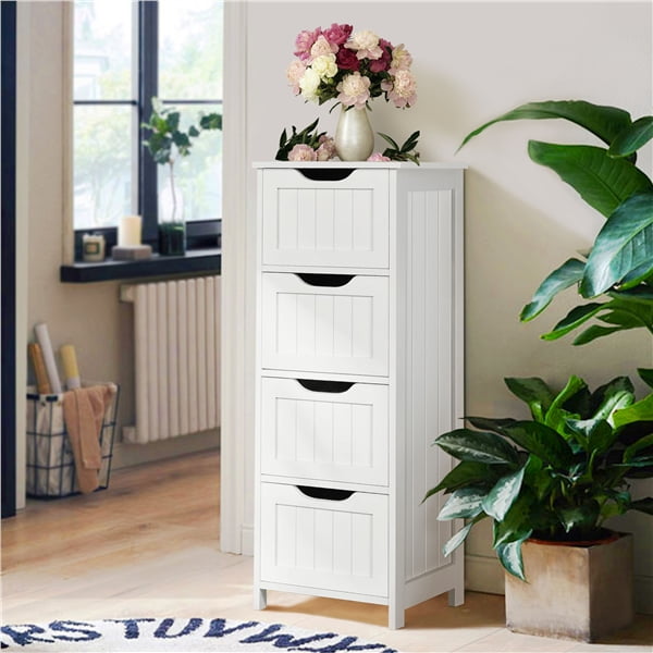 Yaheetech Wooden Free Standing Bathroom Side Storage Organizer Unit Four Drawers