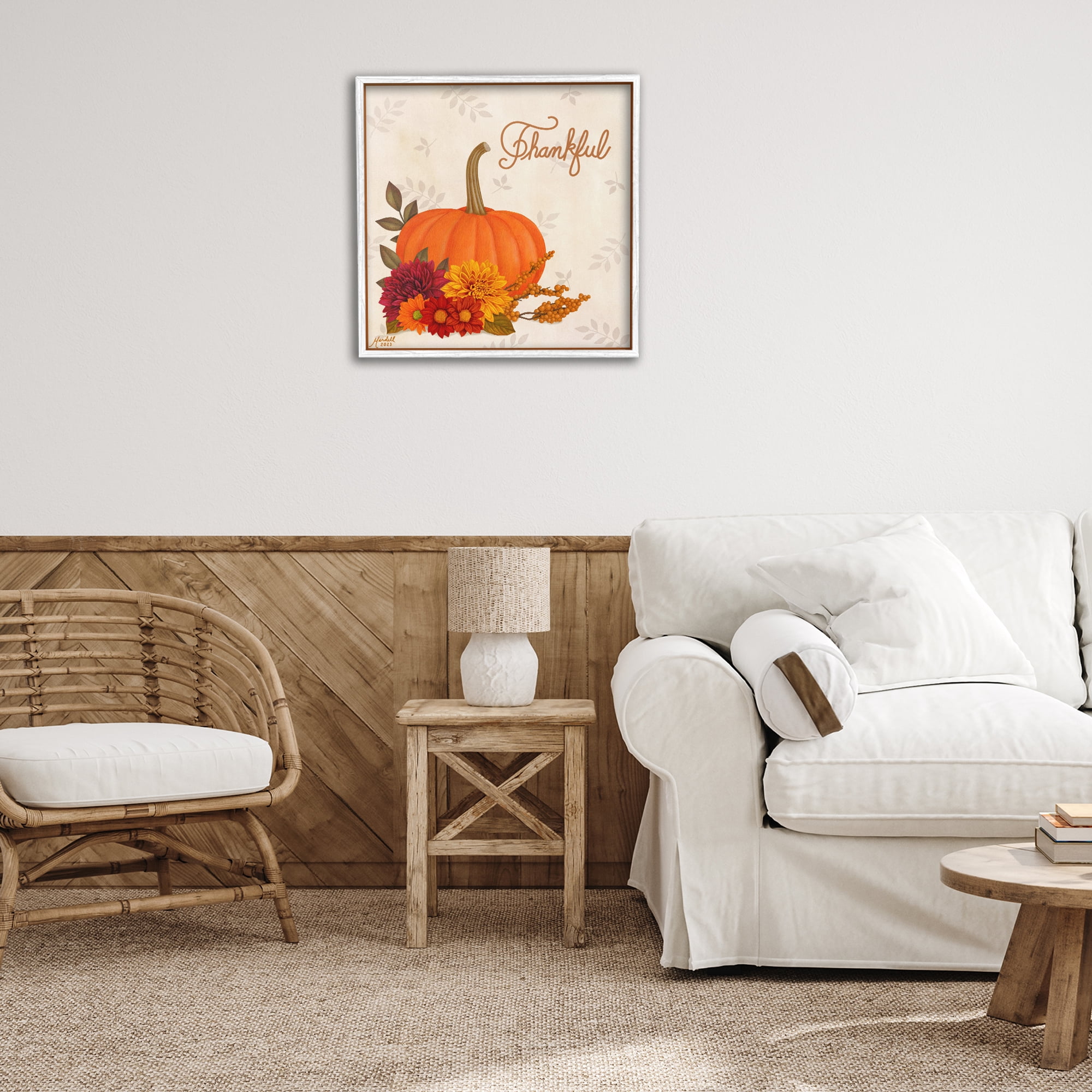 Stupell Industries Thankful Pumpkin & Florals Holiday Painting White Framed Art Prints Wall Art, 24 x 24