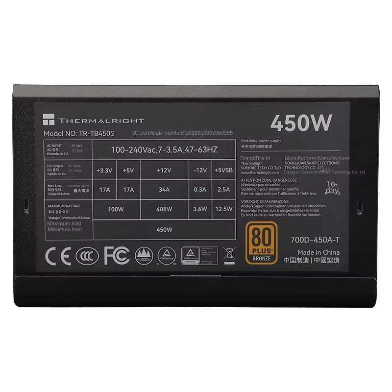 Thermalright Rated 450W TR-TB450S ATX Power Supply with 80PLUS Bronze Certification