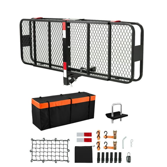 KFFKFF 60" x 20" x 6", Hitch-Mounted Cargo Holder, 500 lbs Load-Bearing Hitch Cargo Holder with Cargo Net & Weatherproof Cargo Bag, Collapsible Hitch Mount Cargo Holder