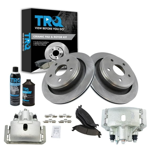 TRQ Rear Ceramic Brake Pad Rotor & Calipers Kit w/Chemicals for Chrysler Dodge BKA16587