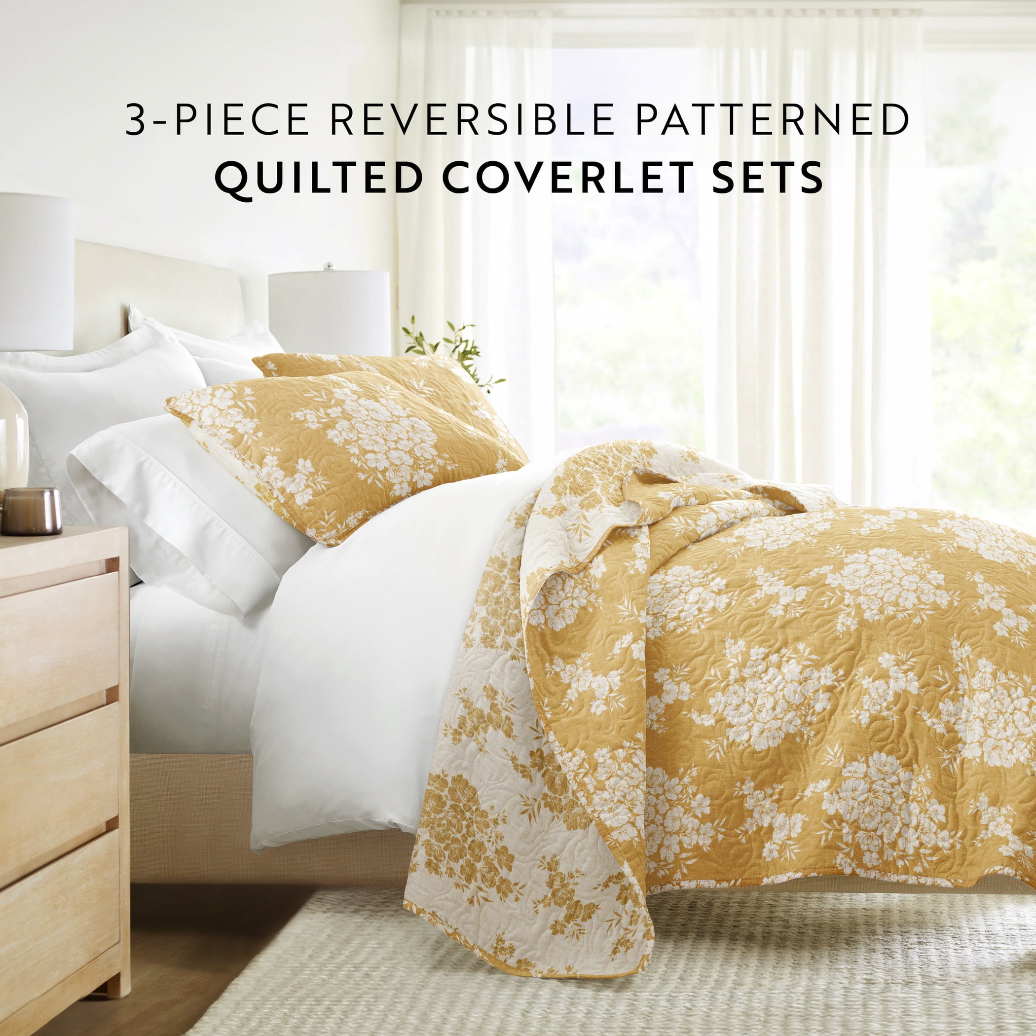 Lightweight Quilt Sets - Wrinkle Free - Coverlet Mustard Yellow Floral Patterns for Full/Queen Size Bedding by Comfort Canopy