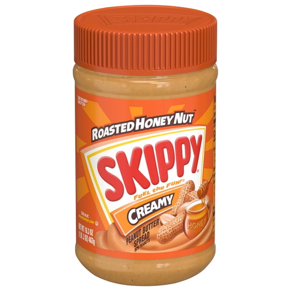 SKIPPY Peanut Butter Creamy Roasted Honey Nut Spread, 7 g Protein Per Serving, Shelf-Stable, 16.3 oz Plastic Jar