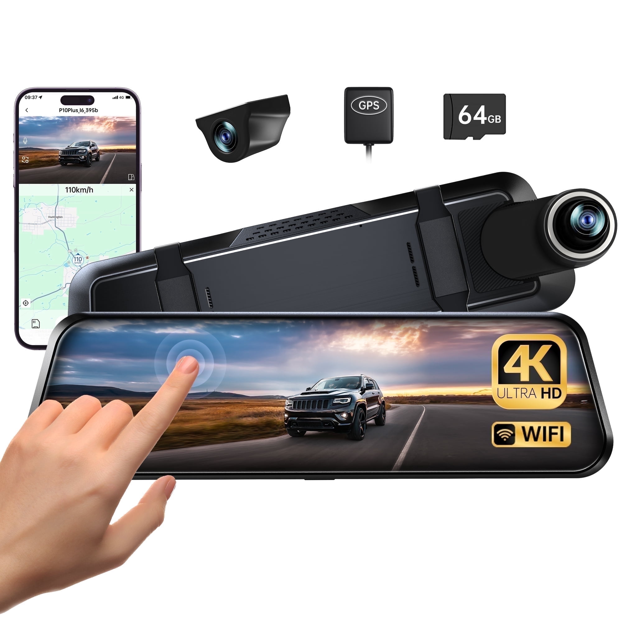 Pelsee 10” 4K WiFi Mirror Dash Cam, Front and Rear Camera with ADAS, BSD,64GB Card Included, Voice Control, GPS, WDR Night Vision,