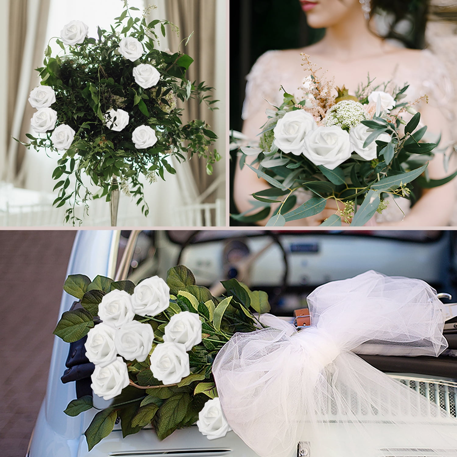 Artificial Flowers White Roses 100PCS Real Looking Foam Fake Roses with Leaves and for DIY Wedding Bouquets Bridal Shower Centerpieces Party Decorations