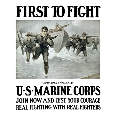 Vintage World War One poster of US Marines storming a beach rifles in hand Poster