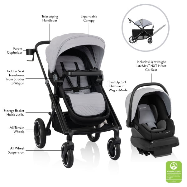 Evenflo Transformer Stroller to Wagon Travel System Featuring LiteMax NXT Infant Car Seat (Fog Gray)